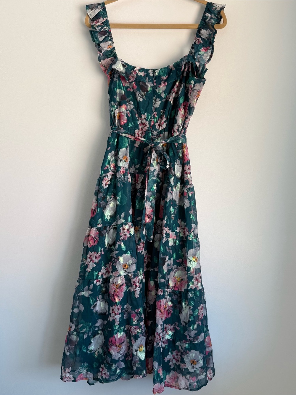NWT Lulus Shela Teal Floral Jacquard Tiered Midi Dress Size XL - Picture 7 of 8